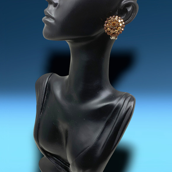 Vintage NEW 1980's Mistar Bijoux Brown Crystal Cluster Clip On Earrings Runway - Picture 4 of 6